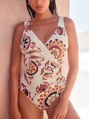 Cream/Pink Floral Ruched Side Tummy Control Swimsuit - Image 3 of 5