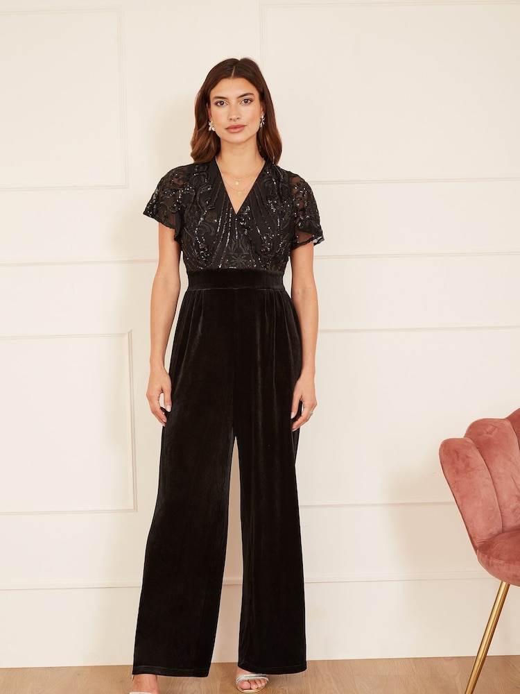 Yumi Black Sequin Embellished Velvet Jumpsuit With Angel Sleeves - Image 1 of 4