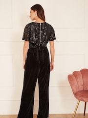 Yumi Black Sequin Embellished Velvet Jumpsuit With Angel Sleeves - Image 2 of 4
