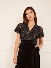 Yumi Black Sequin Embellished Velvet Jumpsuit With Angel Sleeves - Image 3 of 4