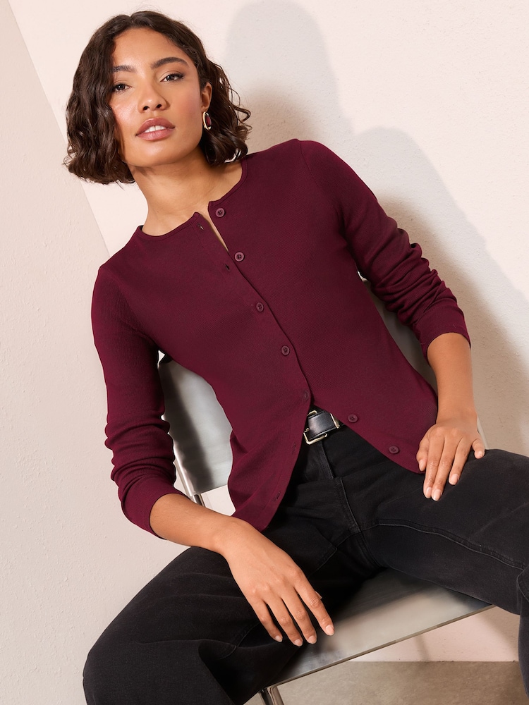 Friends Like These Burgundy Red Long Sleeve Rib Button Through Top - Image 1 of 4