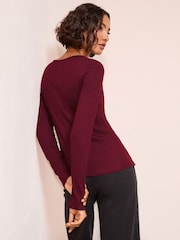 Friends Like These Burgundy Red Long Sleeve Rib Button Through Top - Image 4 of 4