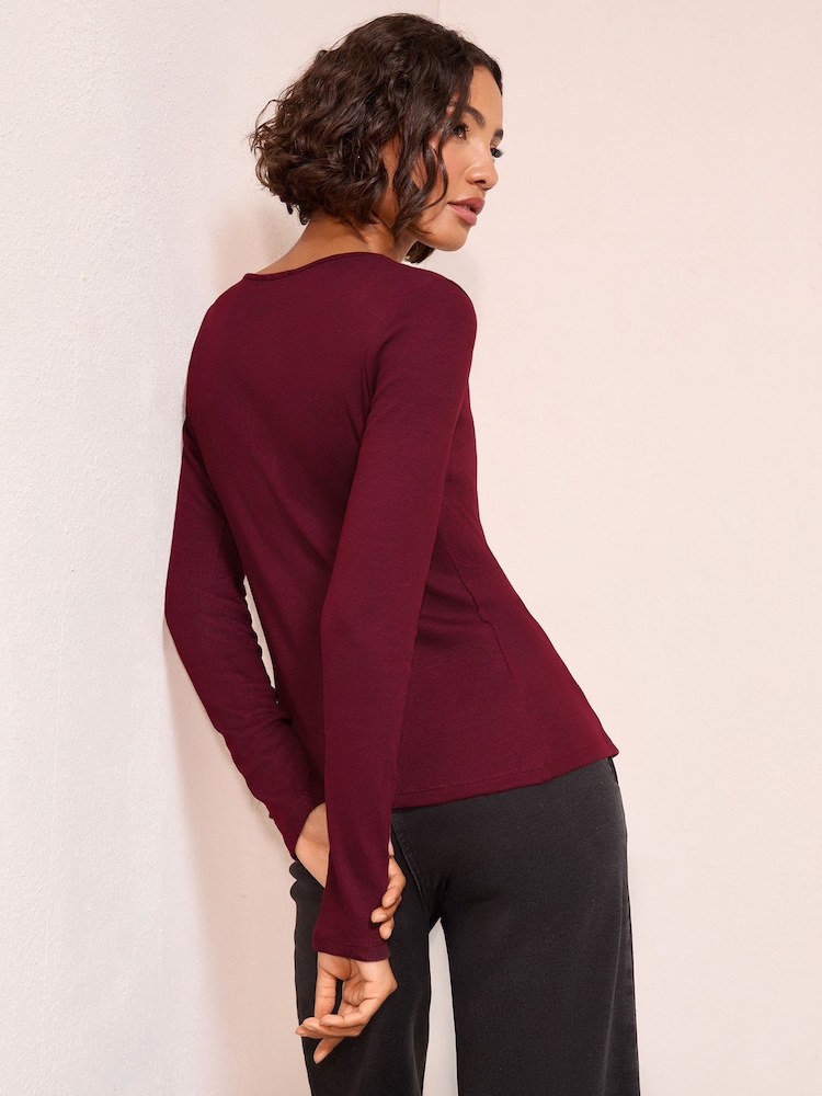 Friends Like These Burgundy Red Long Sleeve Rib Button Through Top - Image 4 of 4