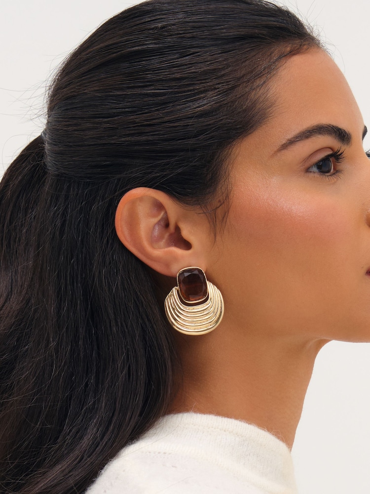 Mood Silver Tone Gold Plated Resin And Ridge Statement Earrings - Image 1 of 3 Mood Silver Tone Gold Plated Resin And Ridge Statement Earrings - Image 1 of 3