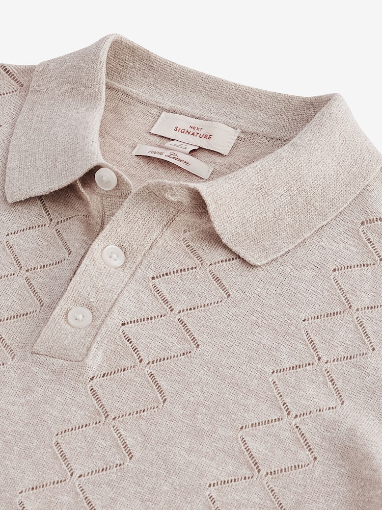 Neutral Signature Pointelle 100% Linen Knitted Polo Shirt - Image 11 of 11