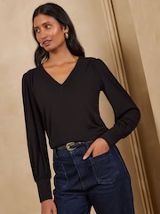 Love & Roses Black and Ivory Long Sleeve V-Neck Top - Image 3 of 7