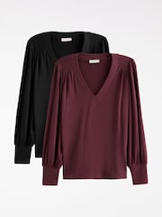 Love & Roses X2 Black and Burgundy Long Sleeve V-Neck Top - Image 1 of 7