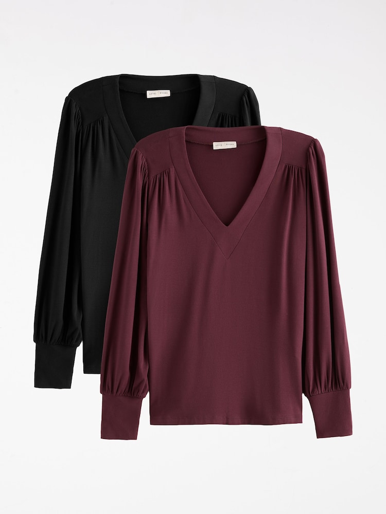 Love & Roses X2 Black and Burgundy Long Sleeve V-Neck Top - Image 1 of 7