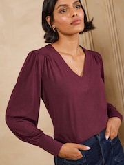 Love & Roses X2 Black and Burgundy Long Sleeve V-Neck Top - Image 2 of 7