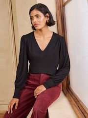 Love & Roses X2 Black and Burgundy Long Sleeve V-Neck Top - Image 3 of 7