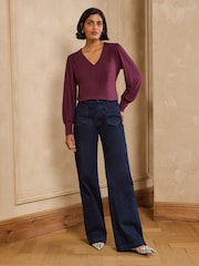 Love & Roses X2 Black and Burgundy Long Sleeve V-Neck Top - Image 4 of 7
