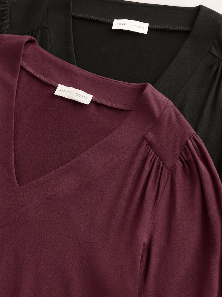Love & Roses X2 Black and Burgundy Long Sleeve V-Neck Top - Image 7 of 7