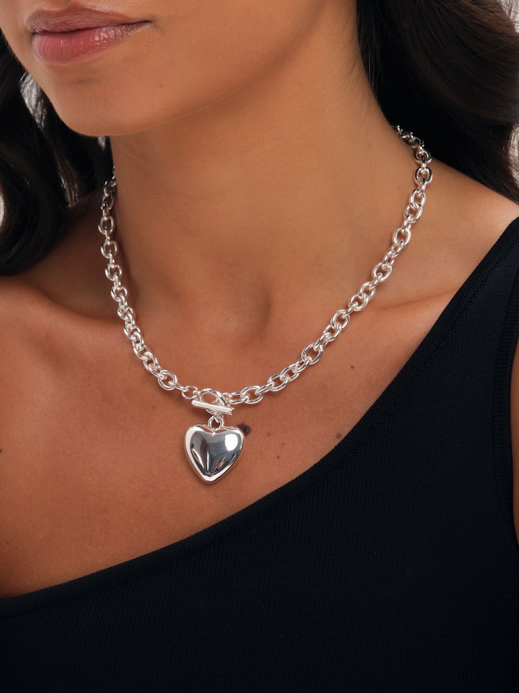 Mood Silver Plated And Polished Puff Heart T-Bar Necklace - Image 2 of 2 Mood Silver Plated And Polished Puff Heart T-Bar Necklace - Image 2 of 2