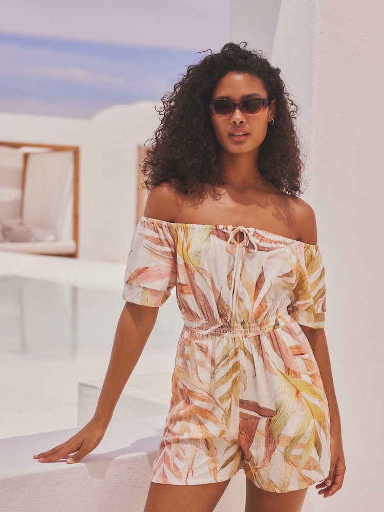 Cream Botanical Off Shoulder Playsuit - Image 1 of 5