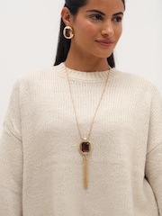 Mood Gold Gold Plated And Burgundy Stone Statement Tassel Pendant - Image 1 of 3