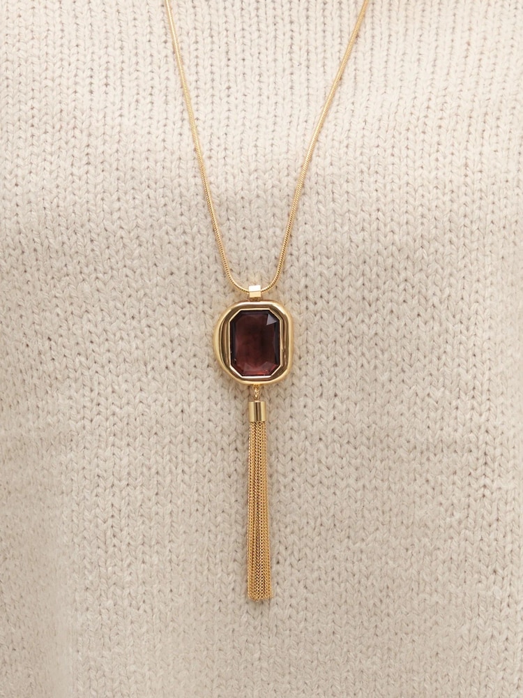 Mood Gold Gold Plated And Burgundy Stone Statement Tassel Pendant - Image 2 of 3