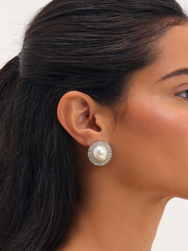 Mood Silver Tone Rhodium Plated Crystal And Pearl Statement Stud Earrings - Image 1 of 3