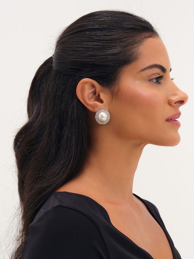 Mood Silver Tone Rhodium Plated Crystal And Pearl Statement Stud Earrings - Image 2 of 3