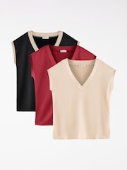 Love & Roses Black Ivory and Burgundy V-Neck Satin Front Jersey Back T-Shirt - Image 1 of 8