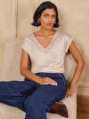 Love & Roses Black Ivory and Burgundy V-Neck Satin Front Jersey Back T-Shirt - Image 3 of 8