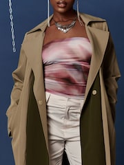 Jolie Moi Green Two Tone Contrast Trench Coat - Image 3 of 6