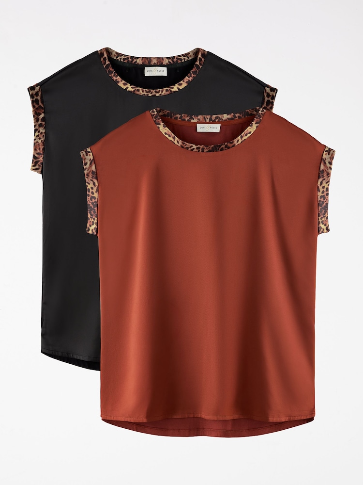 Love & Roses x2 Black and Rust Brown Tipped Satin Front Jersey Back Crew Neck T-Shirt - Image 1 of 7