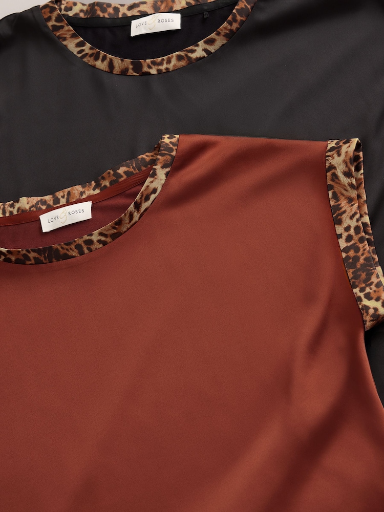 Love & Roses x2 Black and Rust Brown Tipped Satin Front Jersey Back Crew Neck T-Shirt - Image 7 of 7