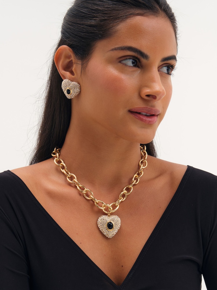 Mood Silver Tone Gold Plated Pave And Jet Stone Heart Stud Earrings - Image 2 of 3 Mood Silver Tone Gold Plated Pave And Jet Stone Heart Stud Earrings - Image 2 of 3