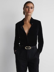 Reiss Black Carly Velvet Button-Through Shirt - Image 1 of 5