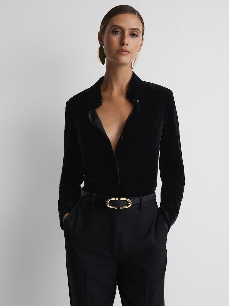 Reiss Black Carly Velvet Button-Through Shirt - Image 1 of 5