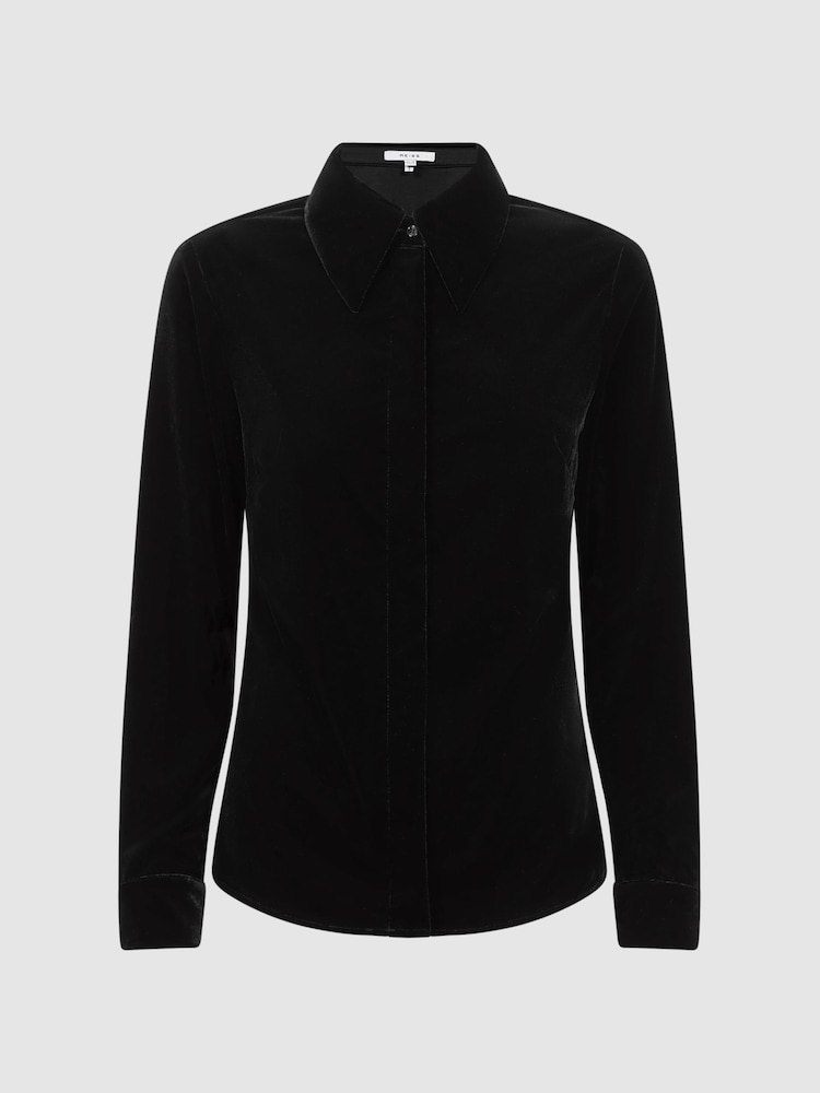 Reiss Black Carly Velvet Button-Through Shirt - Image 2 of 5