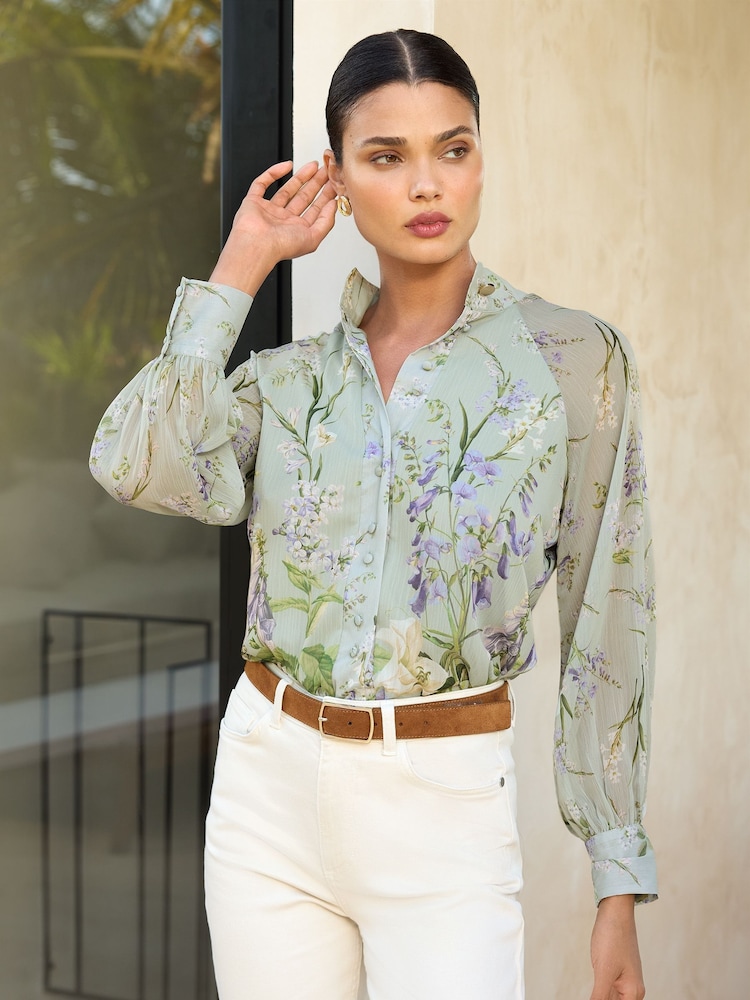 Lipsy Green Floral Long Sleeve Grandad Collar Blouse - Image 3 of 4
