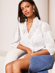Lipsy White 3/4 Sleeve Burnout Tie Neck Blouse - Image 1 of 4