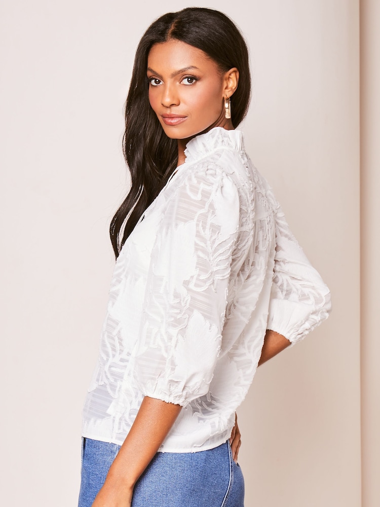 Lipsy White 3/4 Sleeve Burnout Tie Neck Blouse - Image 2 of 4 Lipsy White 3/4 Sleeve Burnout Tie Neck Blouse - Image 2 of 4