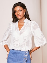 Lipsy White 3/4 Sleeve Burnout Tie Neck Blouse - Image 4 of 4