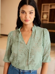 Lipsy Green 3/4 Sleeve Burnout Tie Neck Blouse - Image 1 of 4