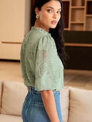 Lipsy Green 3/4 Sleeve Burnout Tie Neck Blouse - Image 2 of 4