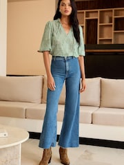 Lipsy Green 3/4 Sleeve Burnout Tie Neck Blouse - Image 3 of 4