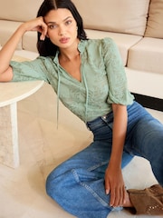 Lipsy Green 3/4 Sleeve Burnout Tie Neck Blouse - Image 4 of 4