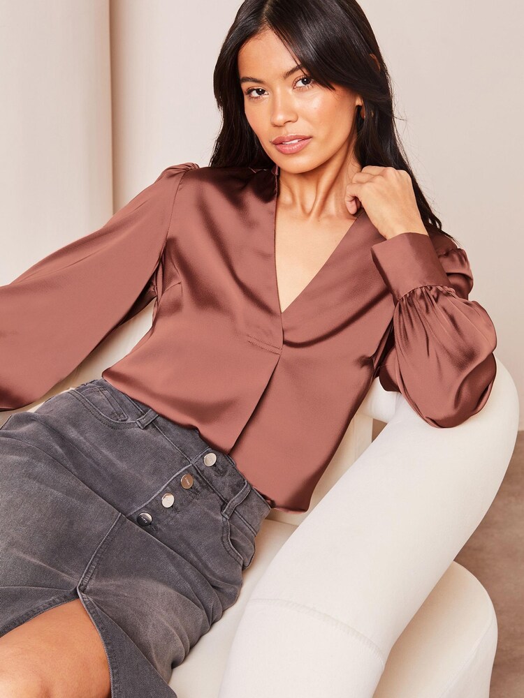 Lipsy Pink Grandad Collar V Neck Puff Sleeves Satin Blouse - Image 1 of 4 Lipsy Pink Grandad Collar V Neck Puff Sleeves Satin Blouse - Image 1 of 4