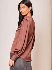 Lipsy Pink Grandad Collar V Neck Puff Sleeves Satin Blouse - Image 2 of 4