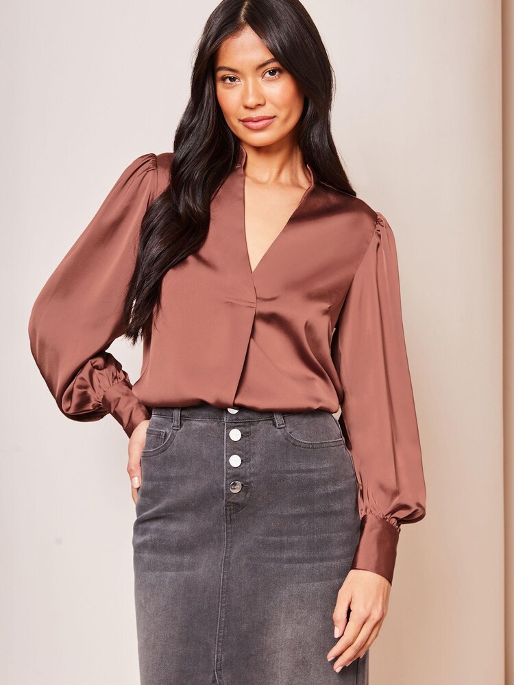 Lipsy Pink Grandad Collar V Neck Puff Sleeves Satin Blouse - Image 4 of 4 Lipsy Pink Grandad Collar V Neck Puff Sleeves Satin Blouse - Image 4 of 4