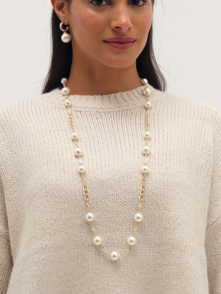 Mood Gold Tone Gold Plated Crystal And Pearl Chain Necklace - Image 1 of 1 Mood Gold Tone Gold Plated Crystal And Pearl Chain Necklace - Image 1 of 1