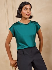 Love & Roses Teal Blue Satin Front Jersey Back T-Shirt - Image 1 of 4