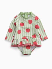 MORI Green Strawberry Stripe Frill Long Sleeve Swimsuit - Image 1 of 2