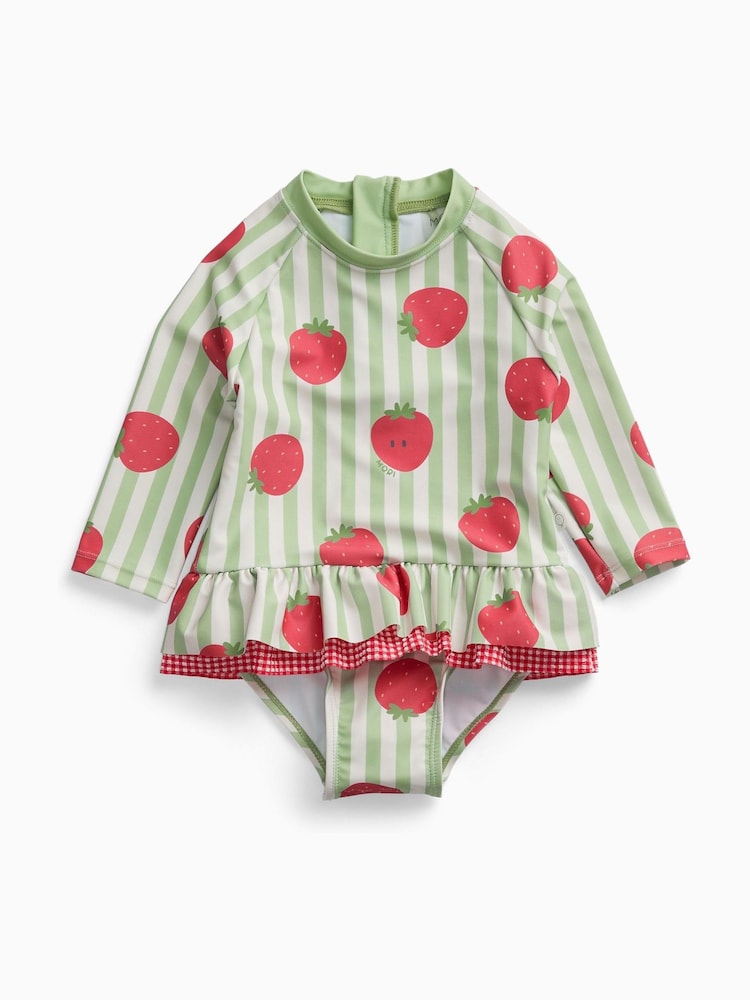 MORI Green Strawberry Stripe Frill Long Sleeve Swimsuit - Image 1 of 2