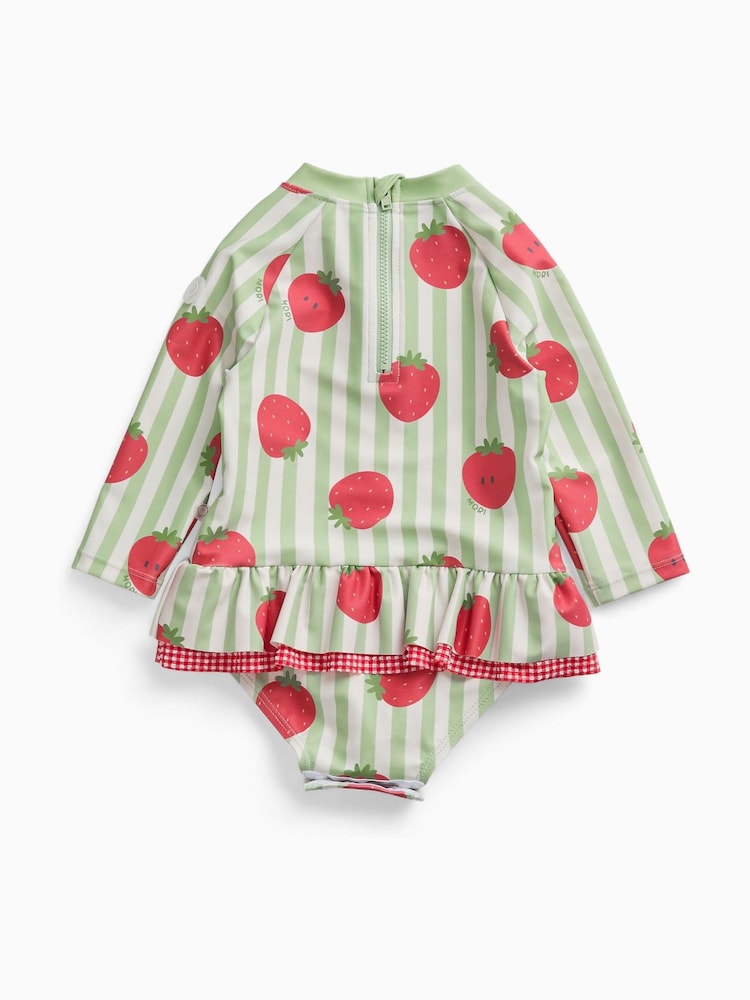MORI Green Strawberry Stripe Frill Long Sleeve Swimsuit - Image 2 of 2