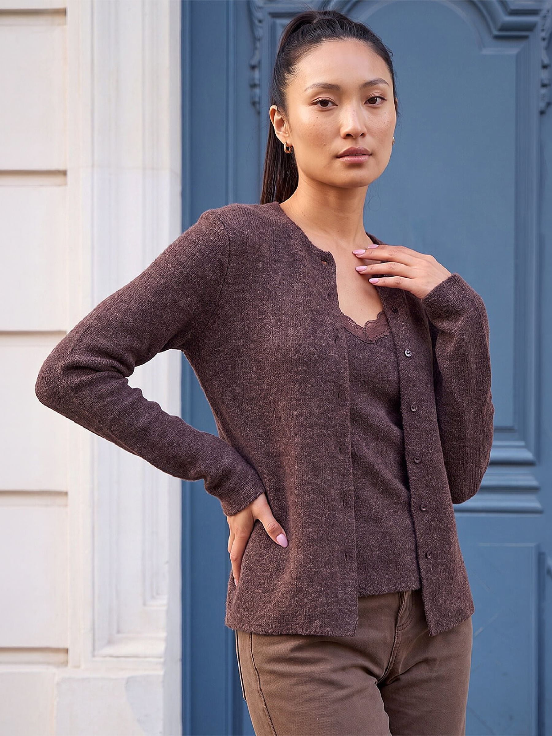 Roman Originals Women's Chocolate Roman Lace Trim 2 In 1 Cardigan For Uk – Smart Round Neck Long Sleeve Hip Length Layered Look Casual Knitwear Daywear Layering Everyday Weekend Outfit - Size 18 - Image 5