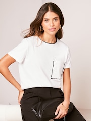 Lipsy White Relaxed Blanket Stitch Round Neck T-Shirt - Image 1 of 4