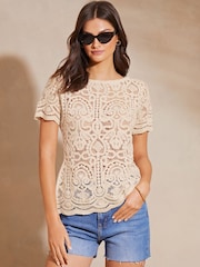 Lipsy Natural Crew Neck Short Sleeves Crochet T-Shirt - Image 1 of 4